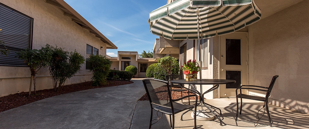 The back of the Diablo Valley facility showing shaded seating area